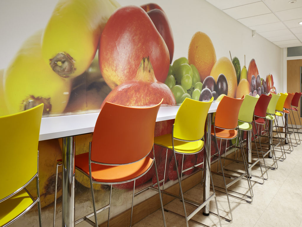 Colourful dining hall school wall graphics Putney High School for GIrls